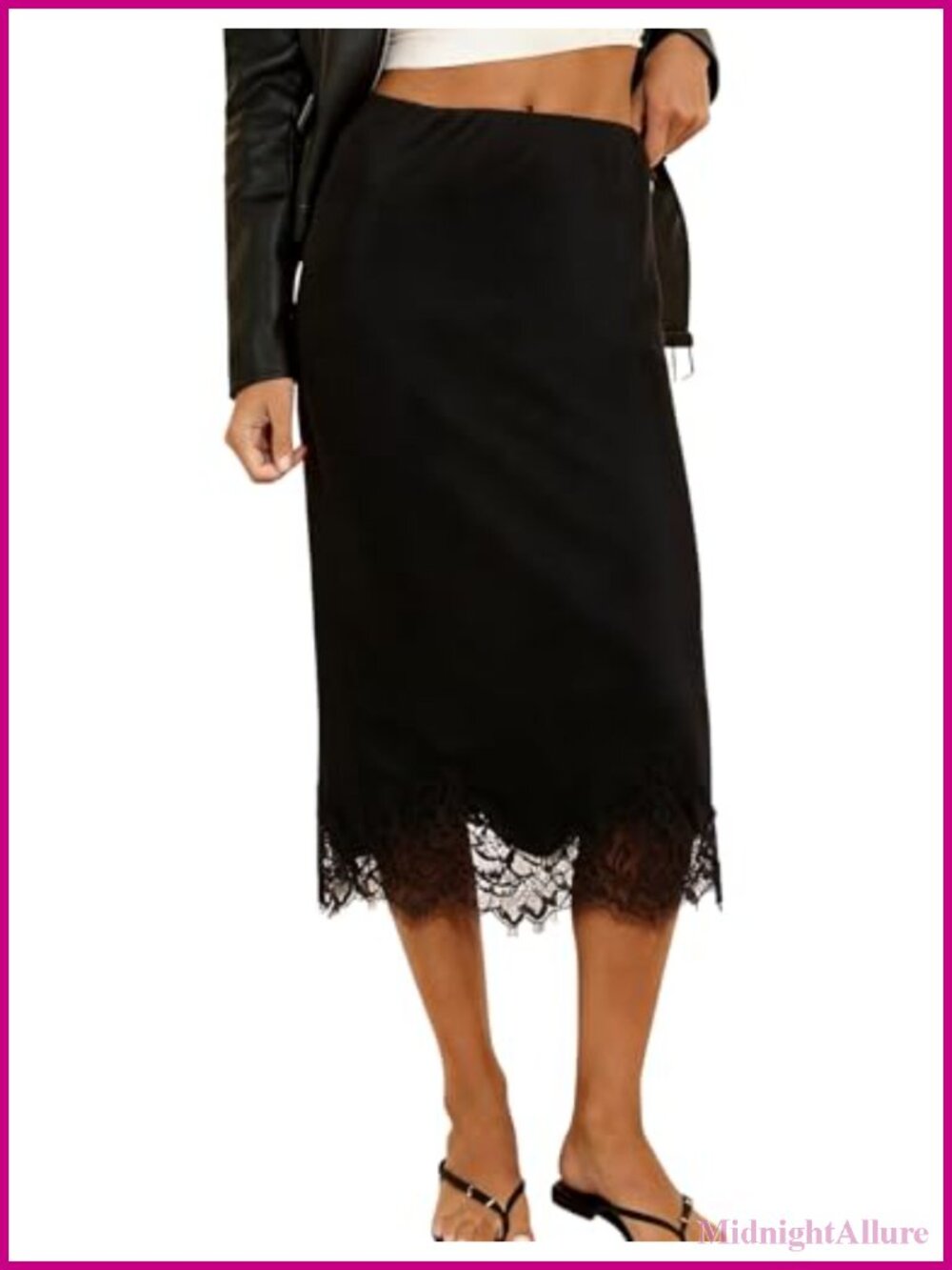 Satin A-Line Lace Trim Midi Skirt High Waist Flowy